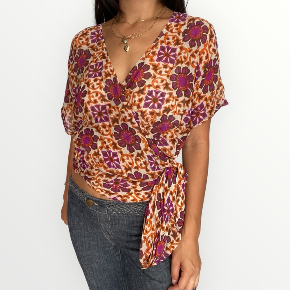 Escada Flower Print Silk Wrap Blouse Size IT 40/US 4